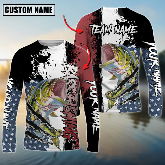 Cowgic Personalized Text Bass Fishing US Flag 3D Long Sleeve Shirt