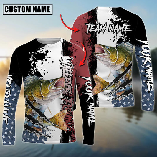 Cowgic Personalized Text Walleye Fishing US Flag 3D Long Sleeve Shirt