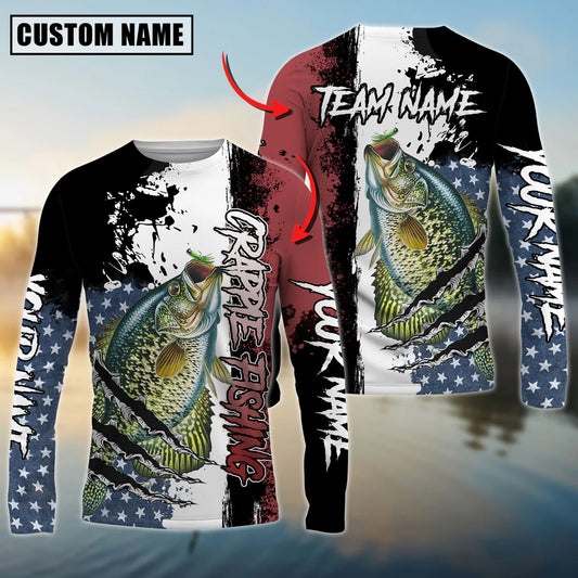 Cowgic Personalized Text Crappie Fishing US Flag 3D Long Sleeve Shirt