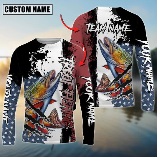 Cowgic Personalized Text Trout Fishing US Flag 3D Long Sleeve Shirt