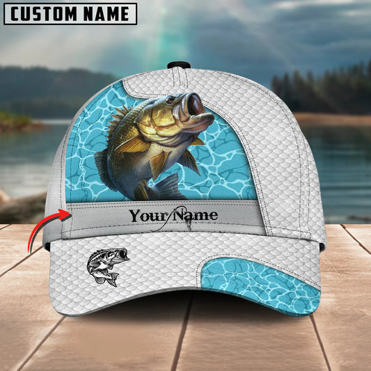 Cowgic Custom Name Bass Fishing White Blue Water 3D Classic Cap