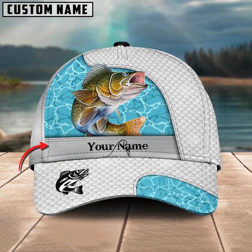 Cowgic Custom Name Walleye Fishing White Blue Water 3D Classic Cap