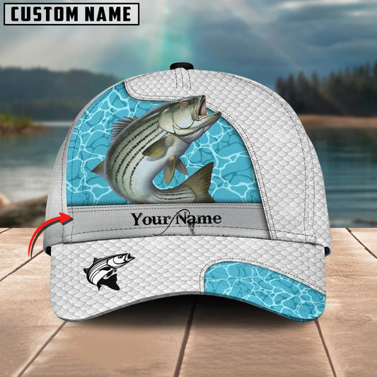 Cowgic Custom Name Striped Fishing White Blue Water 3D Classic Cap