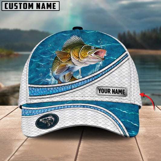 Cowgic Custom Name Walleye Fishing Blue Water Pattern 3D Classic Cap