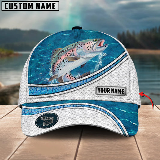 Cowgic Custom Name Salmon Fishing Blue Water Pattern 3D Classic Cap