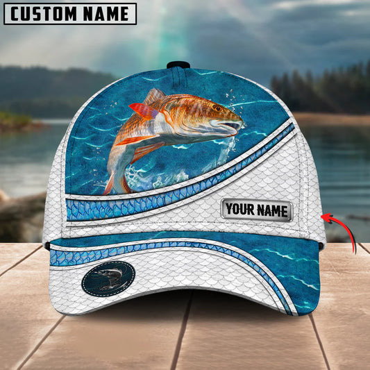 Cowgic Custom Name Red Fish Fishing Blue Water Pattern 3D Classic Cap