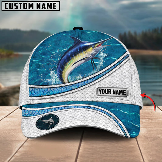 Cowgic Custom Name Marlin Fishing Blue Water Pattern 3D Classic Cap