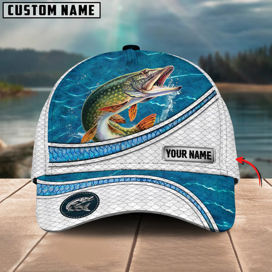 Cowgic Custom Name Pike Fishing Blue Water Pattern 3D Classic Cap