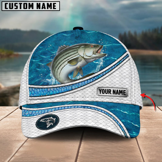 Cowgic Custom Name Striped Bass Fishing Blue Water Pattern 3D Classic Cap
