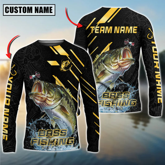 Cowgic Personalized Text Bass Fishing Gold Black Pattern 3D Long Sleeve Shirt