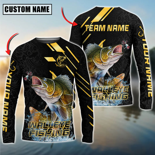 Cowgic Personalized Text Walleye Fishing Gold Black Pattern 3D Long Sleeve Shirt