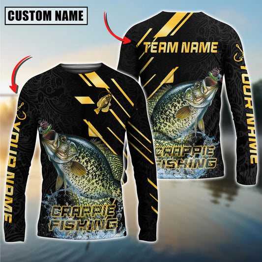 Cowgic Personalized Text Crappie Fishing Gold Black Pattern 3D Long Sleeve Shirt