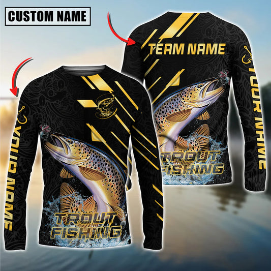 Cowgic Personalized Text Trout Fishing Gold Black Pattern 3D Long Sleeve Shirt