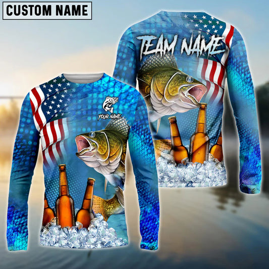Cowgic Personalized Text Bass Fishing Beer USS Flag Pattern 3D Long Sleeve Shirt