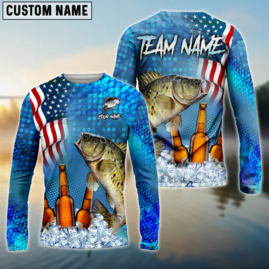 Cowgic Personalized Text Crappie Fishing Beer USS Flag Pattern 3D Long Sleeve Shirt