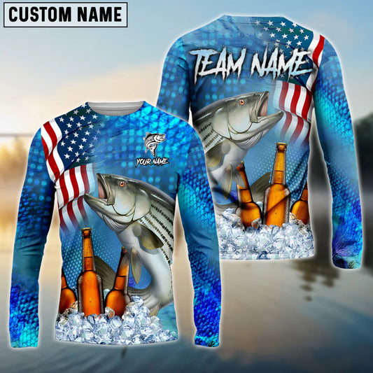 Cowgic Personalized Text Striped Bass Fishing Beer USS Flag Pattern 3D Long Sleeve Shirt