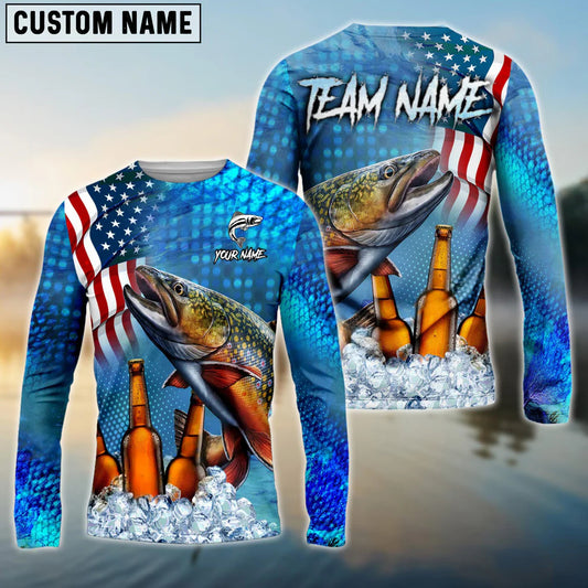 Cowgic Personalized Text Trout Fishing Beer USS Flag Pattern 3D Long Sleeve Shirt