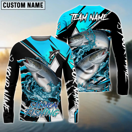Cowgic Personalized Text Salmon Fishing Black Blue Scratch Sport 3D Long Sleeve Shirt