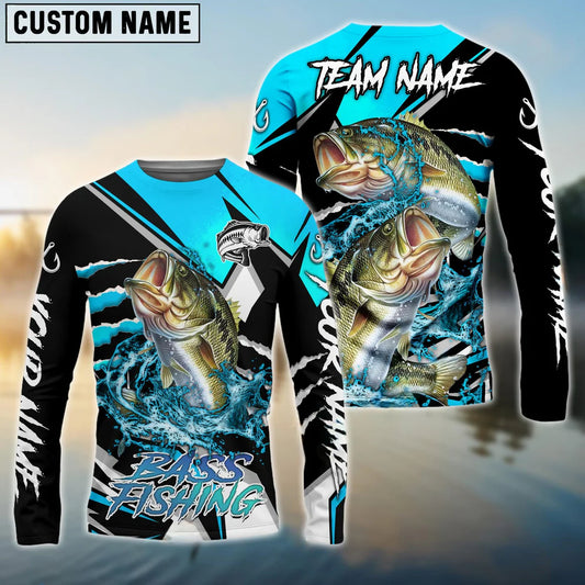 Cowgic Personalized Text Bass Fishing Black Blue Scratch Sport 3D Long Sleeve Shirt