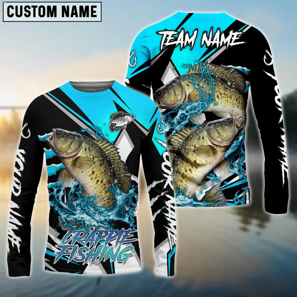 Cowgic Personalized Text Crappie Fishing Black Blue Scratch Sport 3D Long Sleeve Shirt