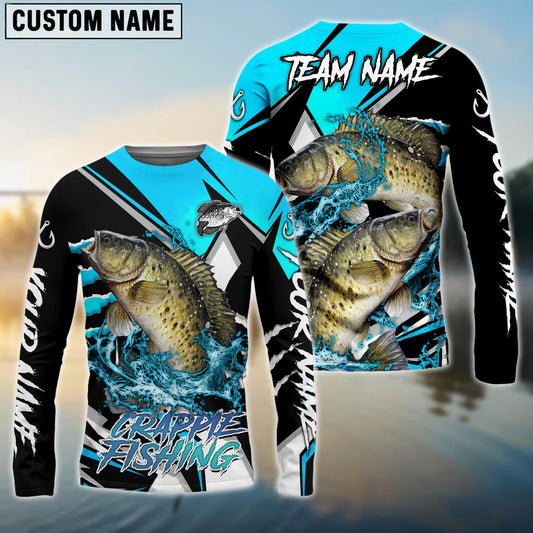 Cowgic Personalized Text Crappie Fishing Black Blue Scratch Sport 3D Long Sleeve Shirt