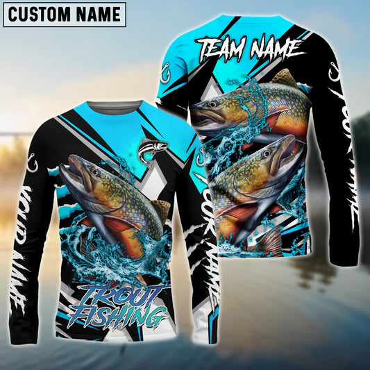 Cowgic Personalized Text Trout Fishing Black Blue Scratch Sport 3D Long Sleeve Shirt