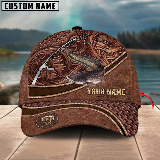 Cowgic Custom Name Catfish Fishing Carving Leather Pattern 3D Classic Cap