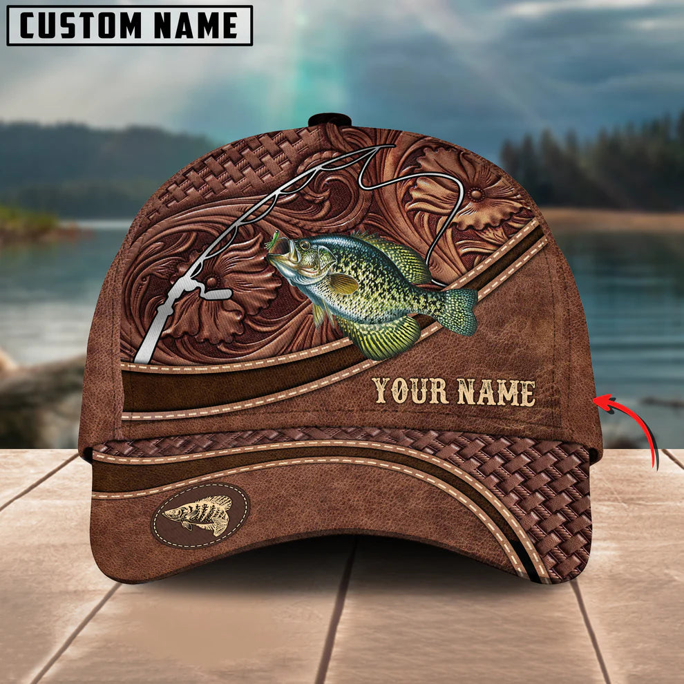Cowgic Custom Name Crappie Fishing Carving Leather Pattern 3D Classic Cap