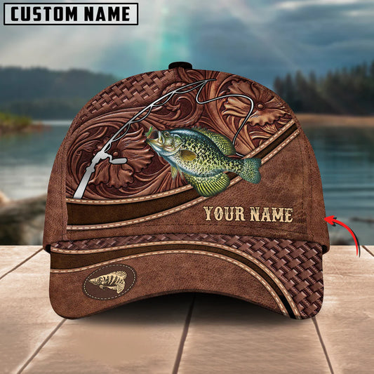 Cowgic Custom Name Crappie Fishing Carving Leather Pattern 3D Classic Cap