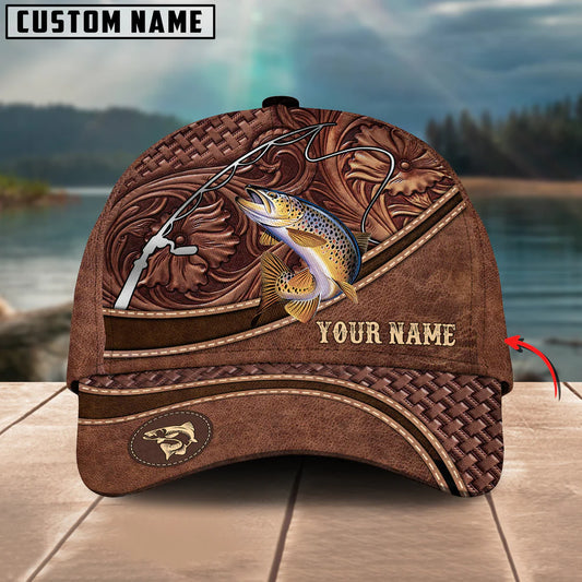 Cowgic Custom Name Trout Fishing Carving Leather Pattern 3D Classic Cap
