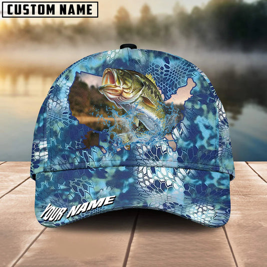 Cowgic Custom Name Bass Fishing US Flag Fish Skin Pattern 3D Classic Cap