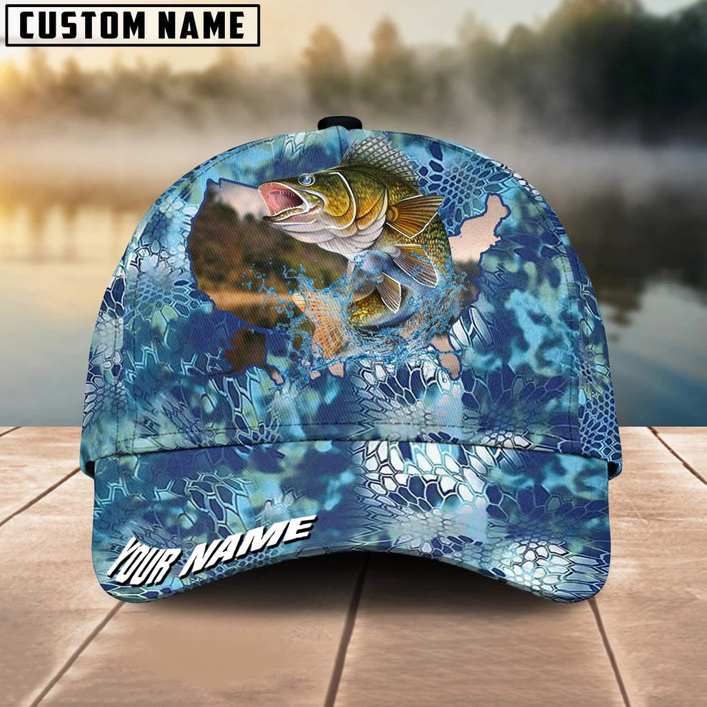 Cowgic Custom Name Walleye Fishing US Map Fish Skin Pattern 3D Classic Cap