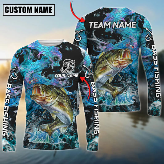 Cowgic Personalized Text Bass Fishing Blue Fishing SkinPattern 3D Long Sleeve Shirt