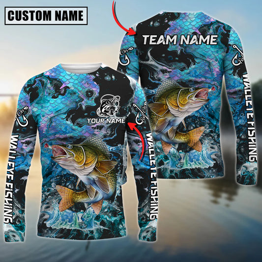 Cowgic Personalized Text Walleye Fishing Blue Fishing SkinPattern 3D Long Sleeve Shirt