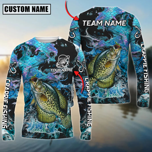 Cowgic Personalized Text Crappie Fishing Blue Fishing SkinPattern 3D Long Sleeve Shirt