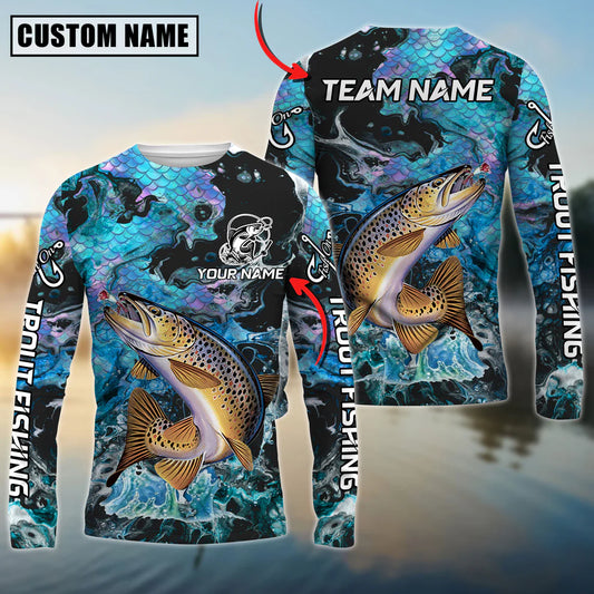 Cowgic Personalized Text Trout Fishing Blue Fishing SkinPattern 3D Long Sleeve Shirt
