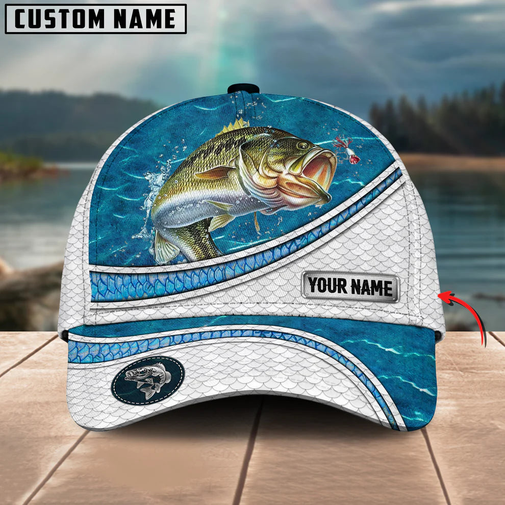 Cowgic Custom Name Bass Fishing Cap – Blue Water Pattern 3D Classic Cap