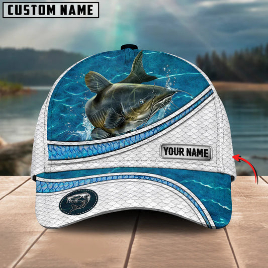 Cowgic Custom Name Catfish Fishing Blue Water Pattern 3D Classic Cap
