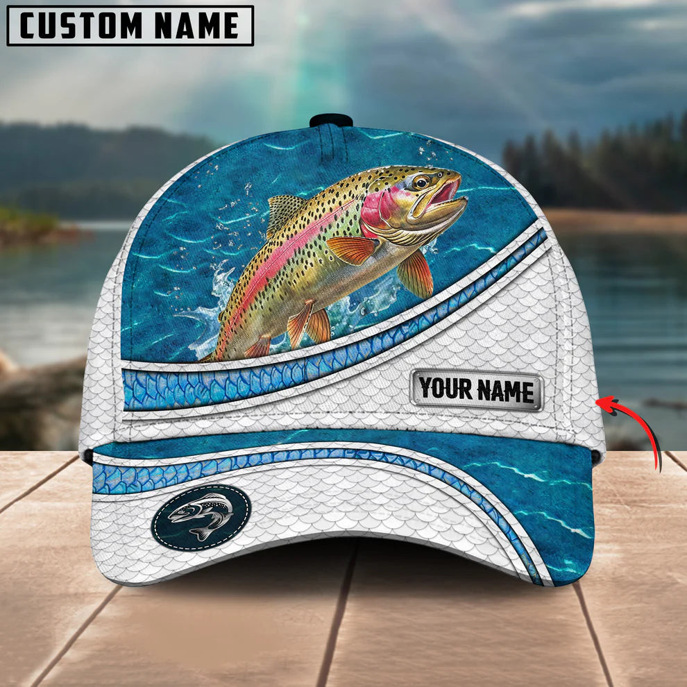 Cowgic Custom Name Trout Fishing Blue Water Pattern 3D Classic Cap