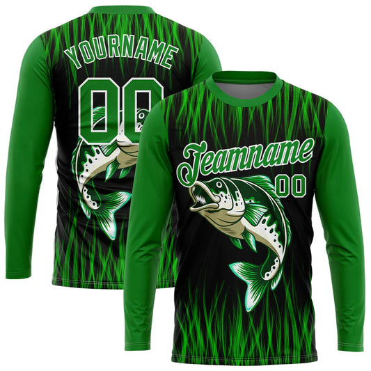 Cowgic Personalized Text Grass Green Bass Fishing 3D Long Sleeve Shirt