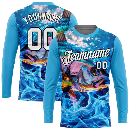 Cowgic Personalized Text Blue Fire Fishing 3D Long Sleeve Shirt