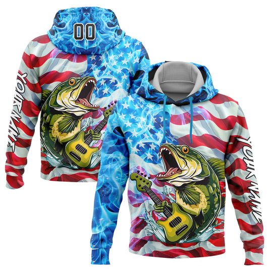 Cowgic Personalized Name US Flag Bass Fishing On Fire 3D Hoodie