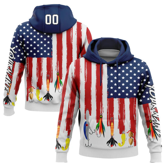 Cowgic Personalized Name US Navy Blue Red-Black 3D American Flag And Fish Hook Fishing 3D Hoodie
