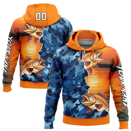 Cowgic Personalized Name Orange Camo-Black 3D Trout Fishing 3D Hoodie