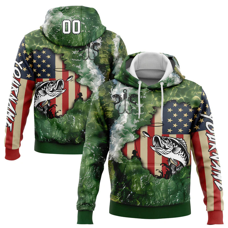 Cowgic Personalized Name Aurora Green Bass Fishing US Flag 3D Hoodie
