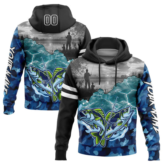 Cowgic Personalized Name Black Camo-White 3D Largemouth Bass Fishing US Flag 3D Hoodie