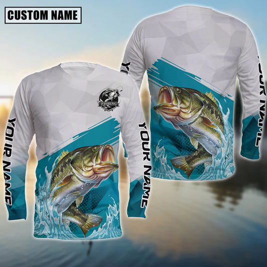 Cowgic Personalized Text Bass Fishing Water & White 3D Long Sleeve Shirt
