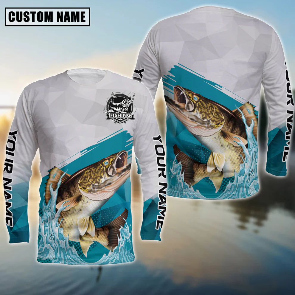 Cowgic Personalized Text Walleye Fishing Water & White 3D Long Sleeve Shirt