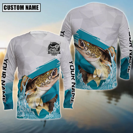 Cowgic Personalized Text Walleye Fishing Water & White 3D Long Sleeve Shirt