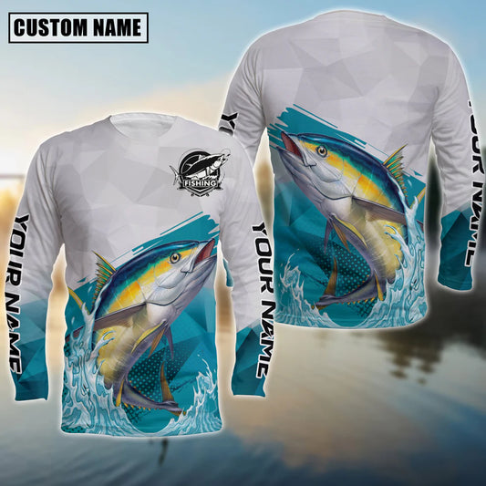 Cowgic Personalized Text Tuna Fishing Water & White 3D Long Sleeve Shirt